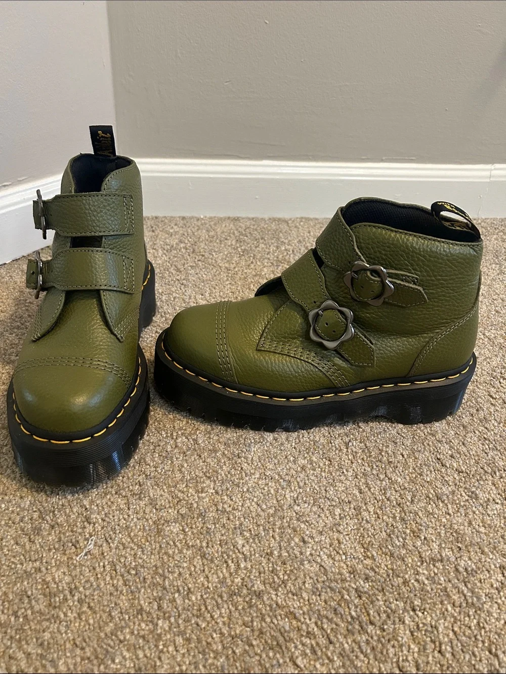 Dr. Martens Devon Flower Buckle Leather Platform Boots in khaki green